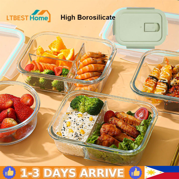 Microwavable Glass Lunch Box With Divider,lid,bag; Meal Prep Glass