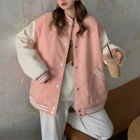 Women Baseball Bomber Jacket Autumn Casual Loose Pockets Stripe Single Breasted Patchwork Oversized Jacket Coat Outerwear Tops