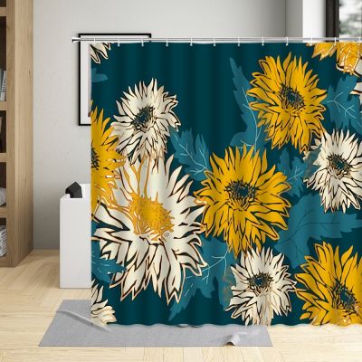 Flowers Shower Curtain Daisy White Yellow Color Floral Leaf Plant Pattern Bathroom Decor Polyester Cloth Curtains Set With Hooks
