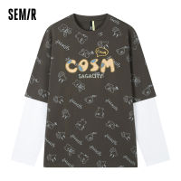 Semir แขนยาวเสื้อยืดผู้ชายผ้าฝ้าย2022ฤดูใบไม้ร่วงใหม่ปลอมสองชิ้นการ์ตูนจดหมายพิมพ์รอบคอเสื้อยืด