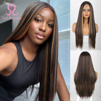 SUe EXQUISITE Synthetic Wig For Women Highlight Wig Brown Colored Long Straight Honey Blonde Wig Heat Resistant Middle Part Wig