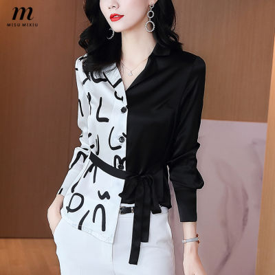 MISUMIXIU Black and White Silk Shirt for Women Office Wear Suit Collar Long Sleeves Fashion Blouse Korean Style Lady Temperament Top