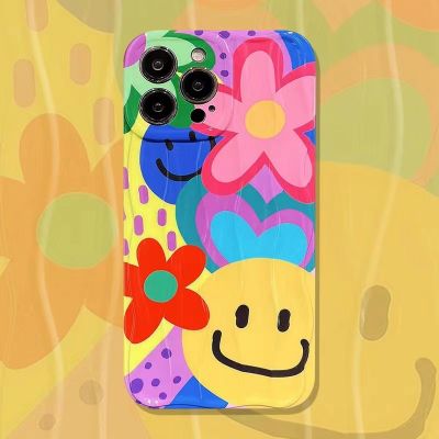 สีสันดอกไม้ยิ้มหน้าโทรศัพท์กรณีสำหรับ iPhone13Pro รอบยิ้มหน้าโทรศัพท์กรณีสำหรับ iPhone12/11 หนังสะพายไหล่กรณีสำหรับ iPhone14ProMax