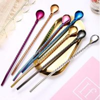 [Stock] Creative Threaded Straw Spoon/ Elegant Long Handle Coffee Stirring/ Reusable 304 Stainless Steel Milk Tea Beverage Round Spoons