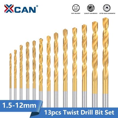 XCAN 13pcs Twist Drill Bit Set 1.5-12mm Titanium Coated HSS Gun Drill Bit For Metal Woodworking Tool Drilling Tools