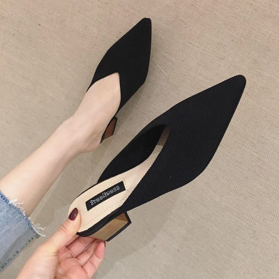 2023 spring and summer new Baotou semi-slippers womens flying woven mid-heel pointed toe Muller shoes thick heel outerwear lazy sandals and slippers