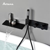 【LZ】☋❐۩  Torneira de banheira de latão preto com design de parede temperatura constante 2 alças fria e quente controle duplo torneira do banheiro luxo