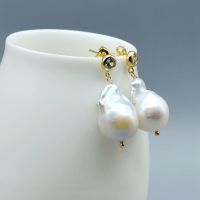 Large pearl earrings, natural white baroque pearls, golden earrings, shiny zircons, ladies pearl earrings