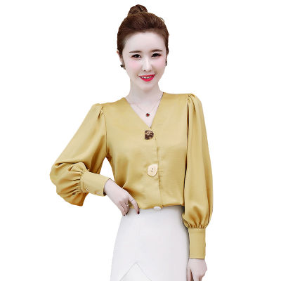REHIN ผู้หญิงเสื้อแขนยาวเวอร์ชั่นเกาหลีคอวีธุรกิจแฟชั่นหรูหราปุ่มเสื้อชีฟองใหม่ด้านบน