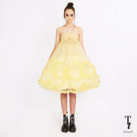 TandT - LAYLANI Dress - BOW-SHAPED RUFFLE TRIMMED TULLE MINI DRESS  เดรสสั้นสายเดี่ยวรูดระบายทรงพองบาน ตกแต่งรูดเส้นระบายรูปโบว์รอบตัว ซับในสุ่มผ้าตาข่ายเนื้อนิ่มสีขาว