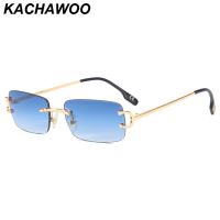 Kachawoo retro rectangular sunglasses rimless male female uv400 small sun glasses fashion blue pink gold metal birthday gifts