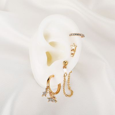 [COD] European and cross-border tassel ear clip set zircon star earrings four-piece ins new one-piece
