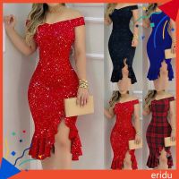 ERINWomen y Off Shoulder Split Ruffle Solid Color Plaid Bodycon Knee-length Dress