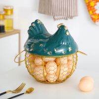 Metal Wire Basket with Ceramic Hens Cover Fruit Basket Egg Holder Decorative Kitchen Storage Baskets for Household Item