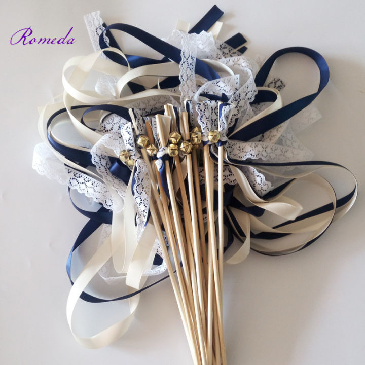 50pcslot-navy-blue-and-cream-stain-ribbon-wedding-ribbon-stick-with-lace-wedding-ribbon-wands-ribbon-twirling-streamers