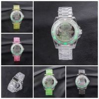 Modify Fashion Acrylic Transparent Watchcase For Nh35a NH36 4R35 4R36 Movement Full Green Luminous Bezel Watch Parts Watchband