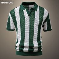 Hollow Out Design Polo Shirt Mens Knitted Striped T-shirt Summer Casual Short Sleeve Sexy Polo Mens Quality 100% Cotton Polos Towels