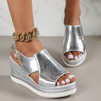 Gold Silver PU Leather Wedge Sandals for Women 2023 Summer Peep Toe Platform Sandles Woman Plus Size Thick Sole Sandalias Mujer