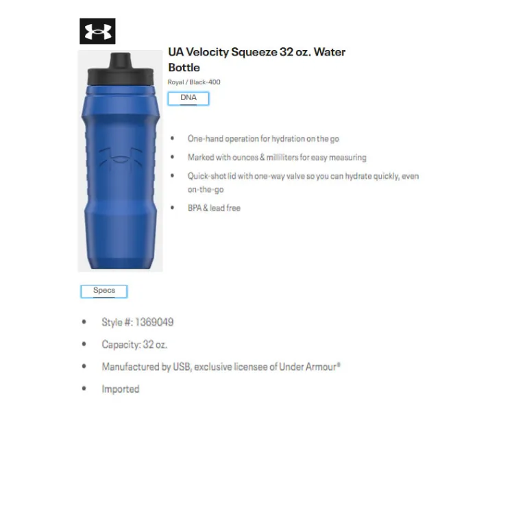 New UA 32OZ SIDELINE SQUEEZE ROYAL Water Bottles