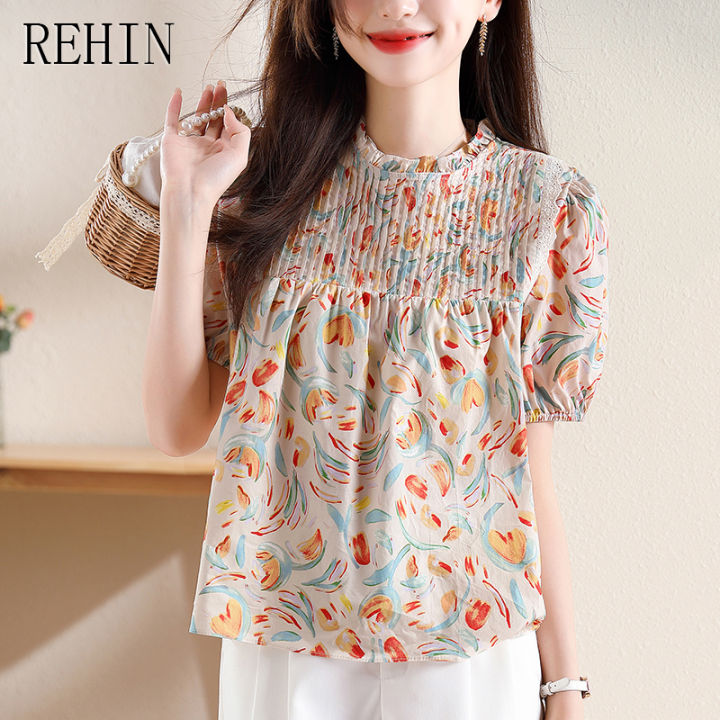 rehin-เสื้อแขนสั้นผู้หญิง-เสื้อครึ่งปกสูงขอบแต่งระบายดอกไม้เสื้อสตรีแขนยาวฟองฤดูร้อน
