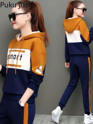 Sports Suit Womens Spring and Autumn New Sweatshirt Running Casual Sportswear Suit Woman Patchwork Hoodie+Pants 2 Piece Suit