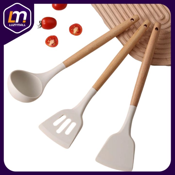 1pc Silicone & Wood Handle Kitchen Cooking Utensils Set (includes Soup Ladle,  Stirring Spoon, Slotted Turner, And Skimmer)