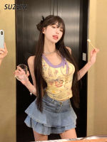 SUZZIN การ์ตูนเสื้อกั๊กพิมพ์ลายเสื้อเอวลอยสำหรับผู้หญิงย้อนยุค