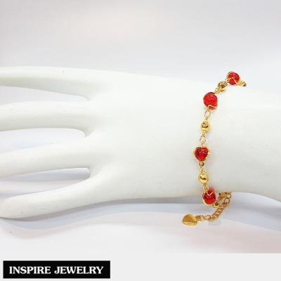 Inspire Jewelry ,สร้อยข้อมือ  หุ้มทองแท้ 24K  งานแฟชั่นDesign  ประดับด้วยคริสตรัลกลมแดง สวยหรู สามารถปรับขนาดได้ พร้อมถุงกำมะหยี่