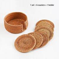 【hot】♙☊◈  6PCS Woven Rattan Coasters Set With Holder Table Placemat Cup Coaster Pot Bowl Glass Base Accessories