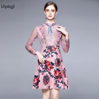 New Retro French Court Lace Slim Fit Patchwork Slimming Temperament Long Sleeve Dress