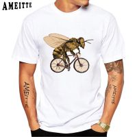 New Vintage Men Short Sleeve Super Cute Bee Riding A Bicycle Print T Shirt Funny Animal Bike Design Casual Hip Hop Boy White Tee XS-6XL