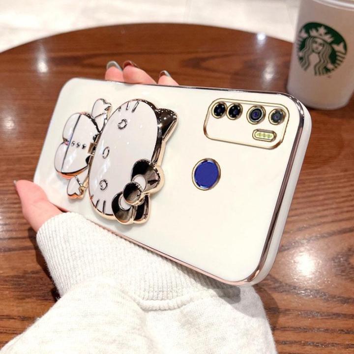 folding-makeup-mirror-phone-case-for-infinix-tecno-camon-15-spark-5-pro-ke5-kd7s-cd7-case-fashion-cartoon-cute-cat-multifunctional-bracket-plating-tpu-soft-cover-casing