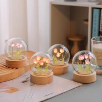 Tulips Fake Flower Mini Night Light Artificial Flowers Fake Plant Glass Bouquet Living Room Bedroom Desktop Decoration 6x8cm