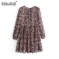 【Ladies shop】 HiloRill BohoPrint PleatedLong Sleeve WomenDress O Neck Loose Ladies Dresses Beach Sundress Ropa Mujer