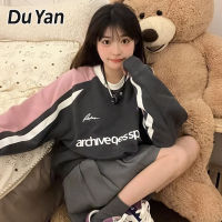 Du Yan เสื้อกีฬาแขนยาวแบบปะคอฝาหลังผู้หญิงพิมพ์ลายคอกลม