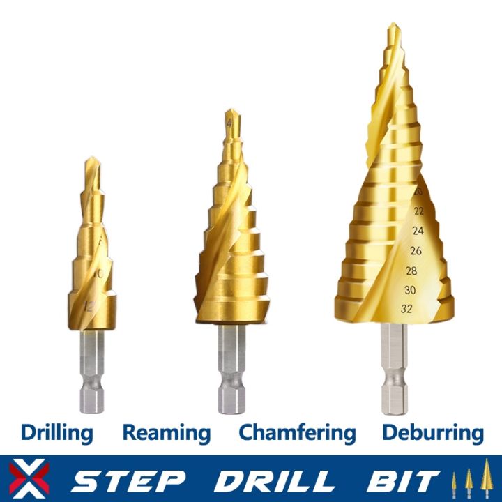 xcan-step-cone-drill-4-12-4-20-4-32-hex-shank-step-drill-bit-titanium-coated-wood-metal-hole-cutter-hss-drilling-tools