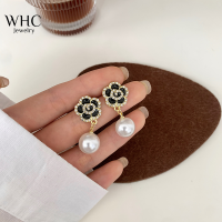 WHC Jewelry ล่าสุดแฟชั่นฝังเพชรกุหลาบต่างหูมุกสำหรับผู้หญิงเกาหลีหวานแนวโน้มการออกแบบต่างหู