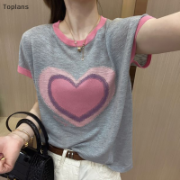 [Toplans]?[HOT SALE]?? เสื้อยืดคอกลมแขนสั้นพิมพ์ลาย Love สำหรับผู้หญิง, เสื้อยืดทรงหลวมลำลองคอกลมสีตัดกันสำหรับฤดูร้อน