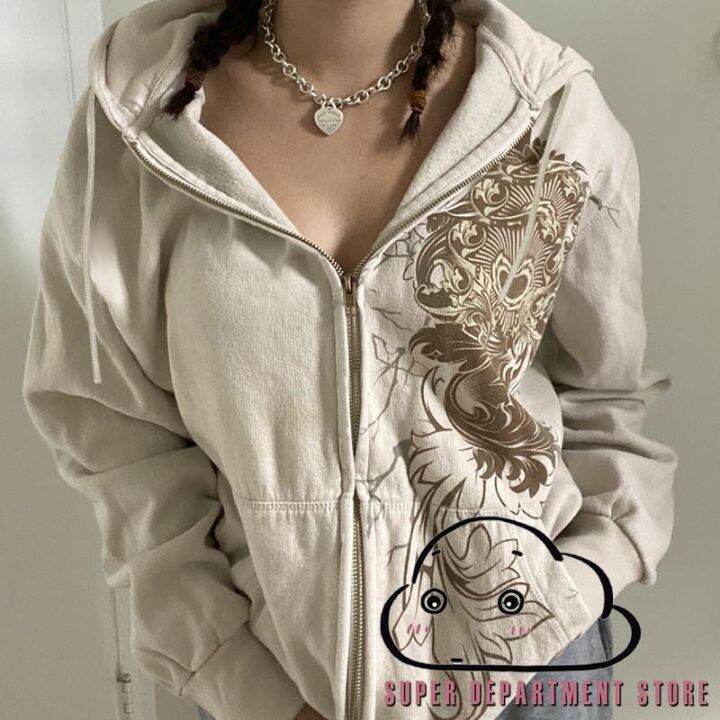 SUPER-Women Y2K Fairycore Vintage Cute Zip Up Hooded Print Jackets Coats |  Lazada