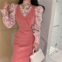 Kimotimo Women Dress Sets Korean Chic Temperament Turtleneck Puff Sleeve Tops + Woolen Mermaid Spaghetti Strap Long Dresses Ins