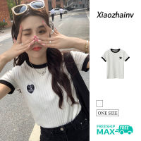 Xiaozhainv เสื้อยืดแขนสั้นสำหรับผู้หญิง,เสื้อถักโลโก้ทรงสลิมสไตล์เกาหลี