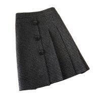 【CW】 2023 Houndstooth Skirt New Fashion Irregular Breasted Tweed Skirts Thicken Pleated Jupe