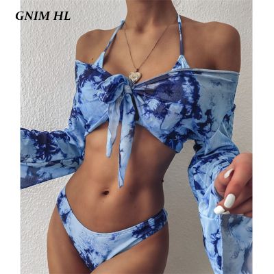 hotx 【cw】 GNIM Sleeve Swimwear Bandage Mujer 2020 Print Swimsuit Female Three Pieces Biquini Set