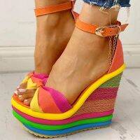 2022 Summer Wedges Sandals Elegant INS Hot Sale Rainbow Colorful Party Platform Extreme High Heels Shoes Woman Plus Size 43