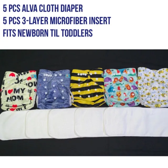 Happy Diaper Large Alva Baby cloth diaper with Microfiber insert 5 Set Free to Choose Designs