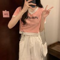 ¤✧℗ Hot girl pure lust style short top 2023 summer jazz style short-sleeved design V-neck tie navel-baring T-shirt for women