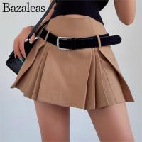 Bazaleas กระโปรงเด็กผู้หญิง,กระโปรงสั้นแต่งระบายสองชั้น Y2k ROK High Waist อัดจีบเย็บกระโปรงพร้อมเข็มขัดผู้หญิง