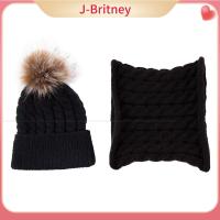 หมวกสำหรับเด็กถัก J-BRITNEY ชุดผ้าพันคอเครื่องป้องกันหูผ้าพันคอของขวัญหมวกเด็กสีทึบเด็กหญิงเด็กชายหมวกปอมปอม