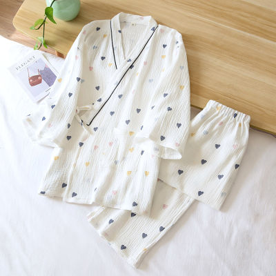 Japanese kimono spring and summer ladies cotton pajamas two-piece thin three-quarter-sleeved trousers yukata home service set