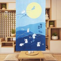 Fashion 2023 Japanese Noren Door Curtain Bunnies Frolicking Under Moon Printing Doorway Curtain Home Privacy Partition Decor, 33.5 Inch by 59.1 Inch, Blue